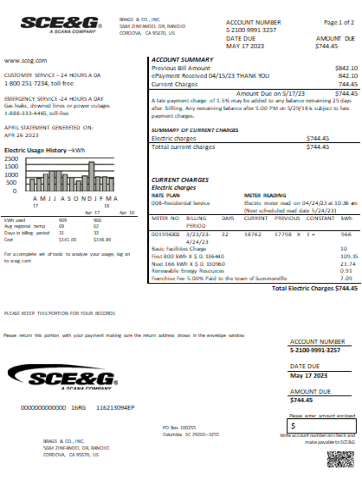 Download South Carolina SCE&G electricity utility business bill,  SCR Photoshop template
